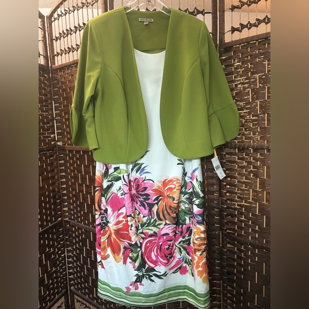 White Floral Print Dress with Green Jacket - Picture 7 of 9